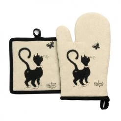 Winkler Tabliers Et Torchons Gant De Cuisine + Manique Chat Papillon En Coton Beige 18 X 28